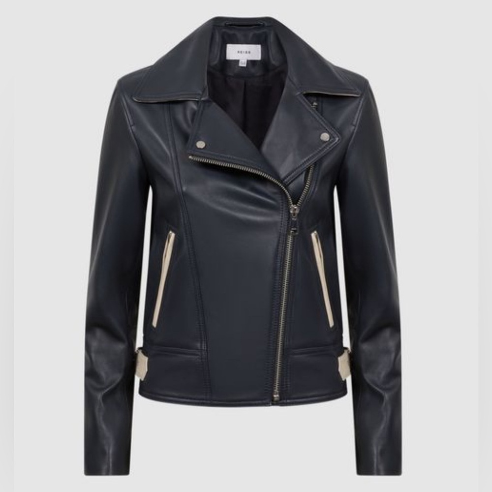 NEW REISS INKA LEATHER ZIP-THROUGH BIKER JACKET
COLOUR NAVY